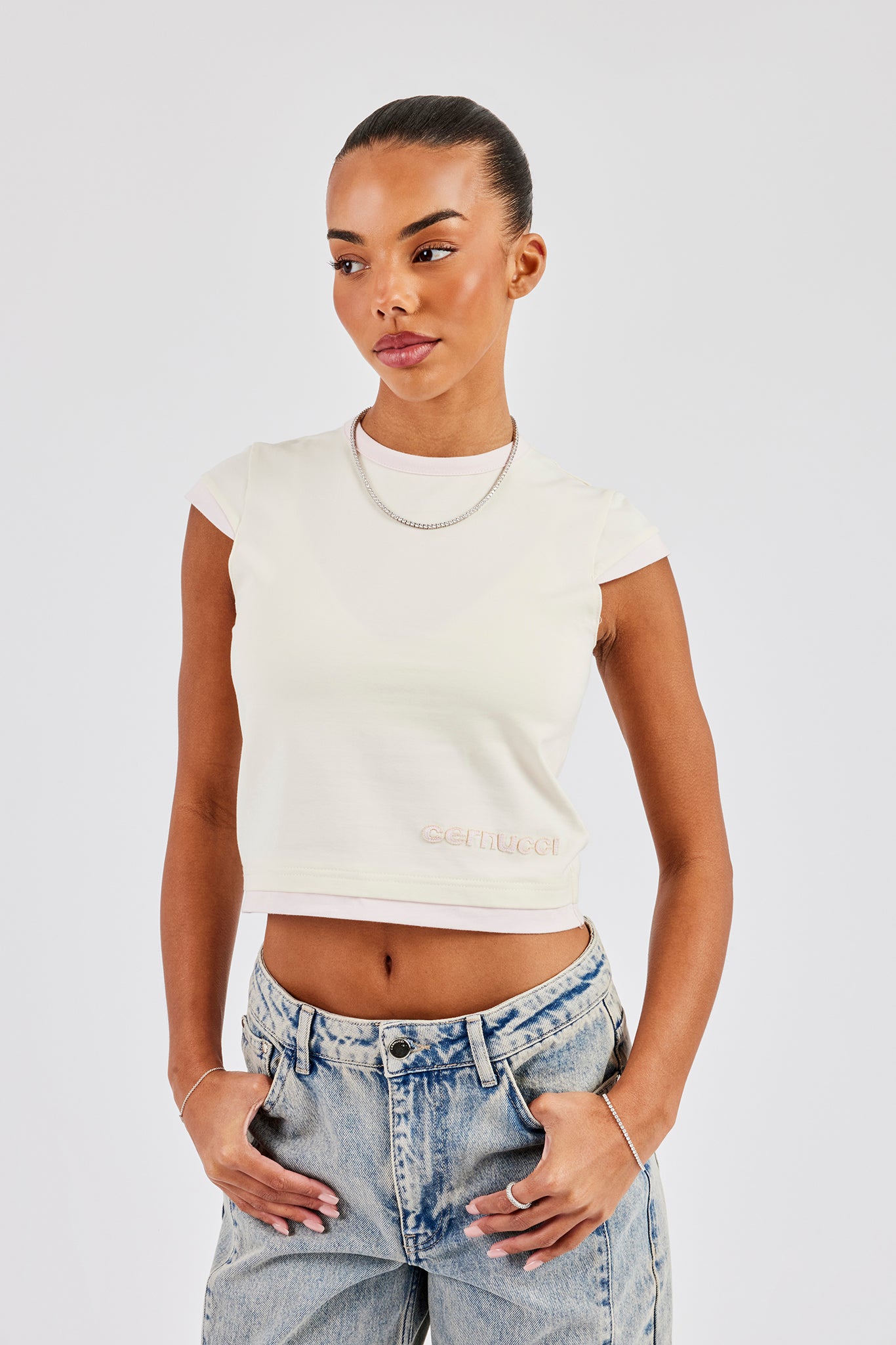 Double Layer Trim Cap Sleeve Top - Off White