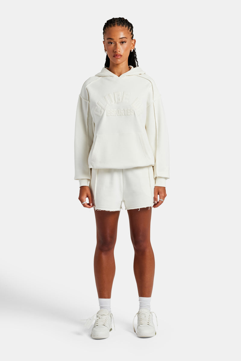 Set aus Oversize-Kapuzenpullover und Shorts mit Overlock-Muster – Off White