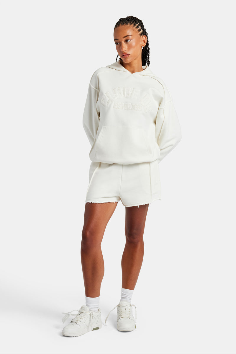 Set aus Oversize-Kapuzenpullover und Shorts mit Overlock-Muster – Off White