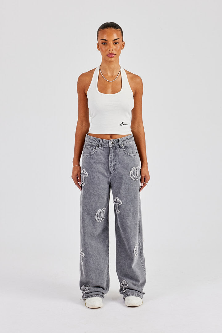 Ladies Raw Edge Applique Cross Baggy Jean - Washed Grey | Womens