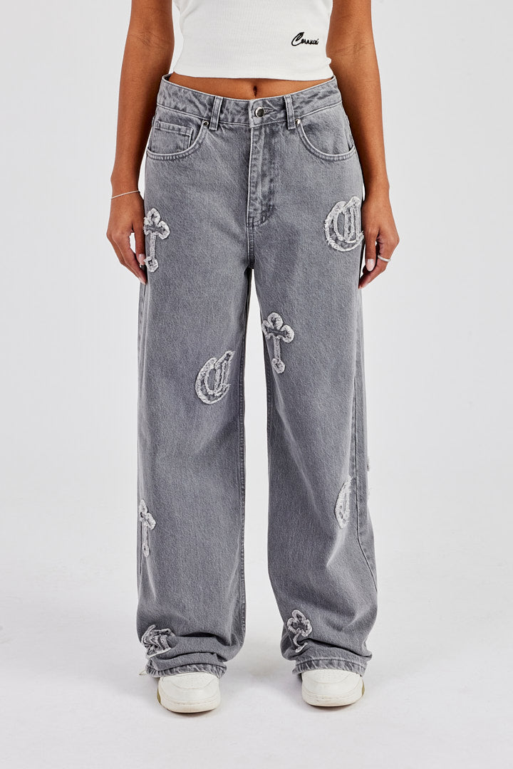 Ladies Raw Edge Applique Cross Baggy Jean - Washed Grey