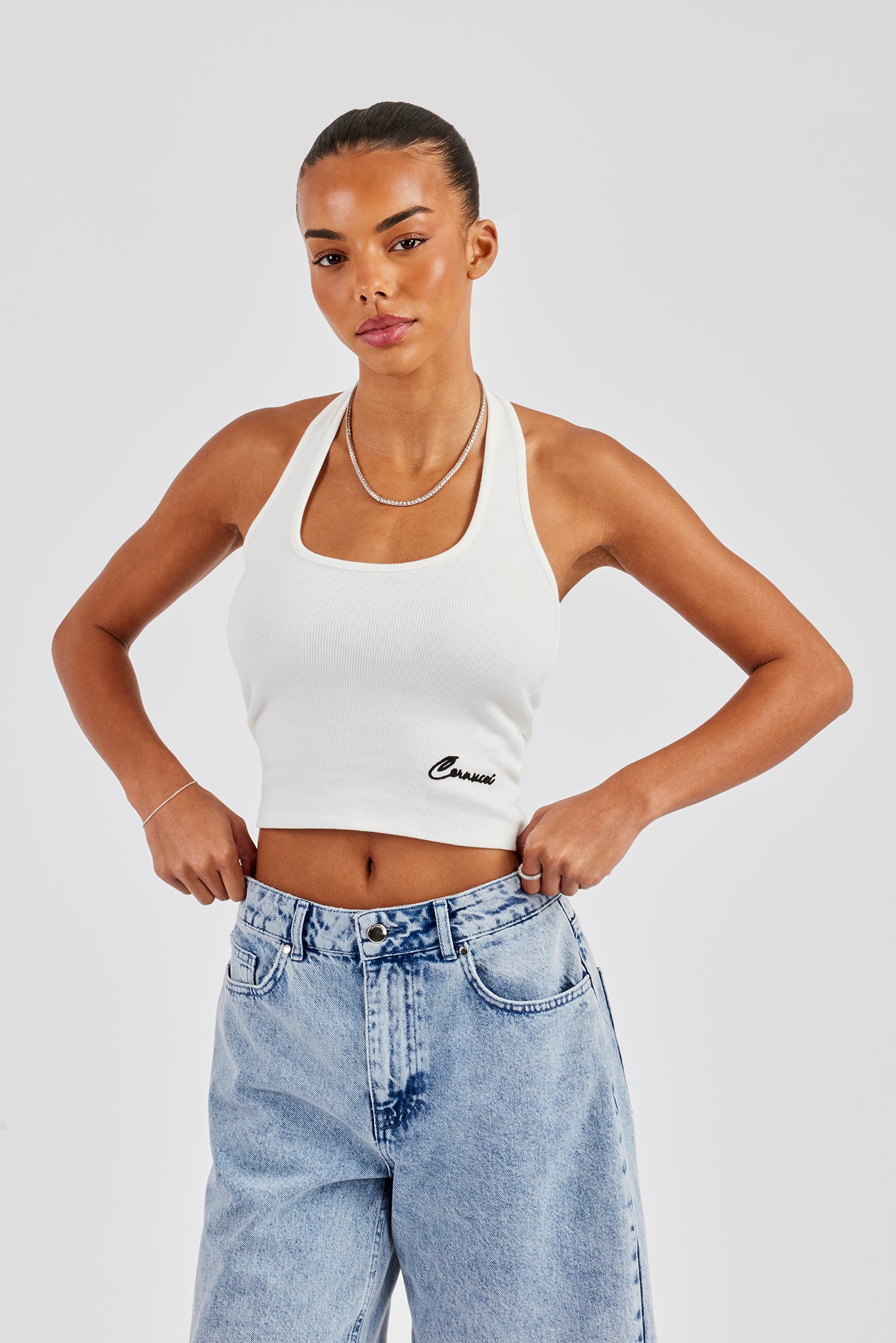 Geripptes Neckholder-Top - Off White