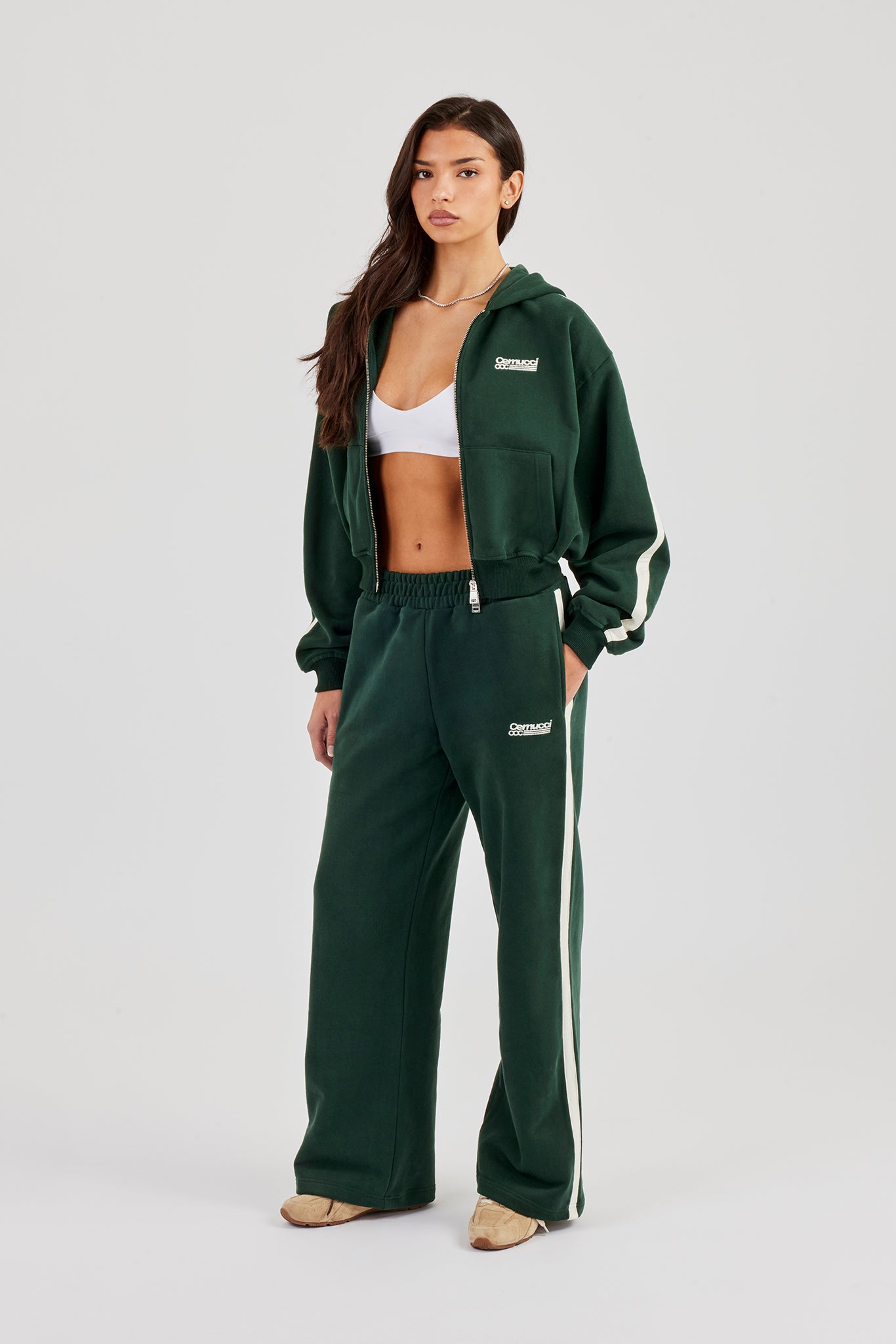 CCC Taping Boxy Zip Through Hoodie & Wide Leg Jogger - Forest Green