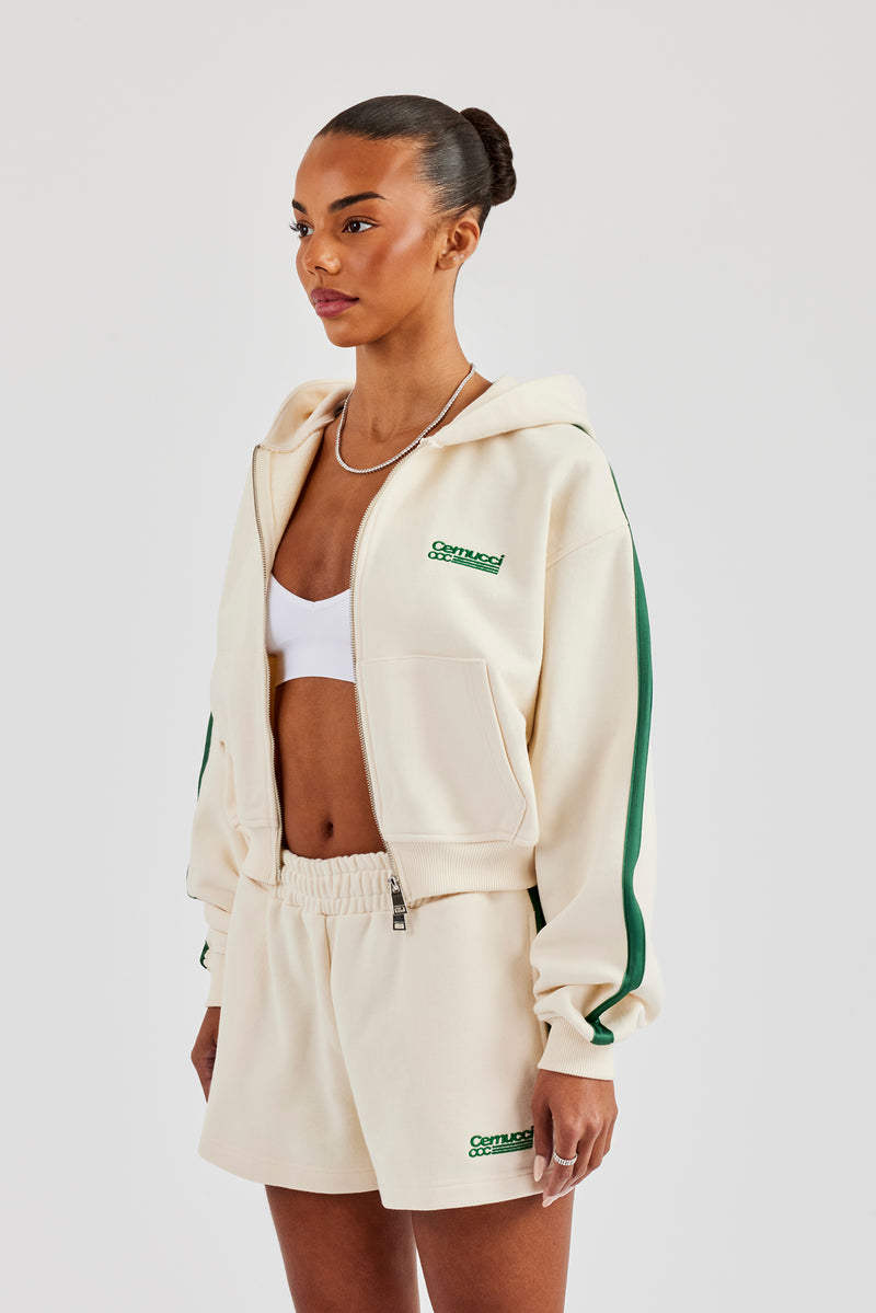 CCC – Kastenförmiger Kapuzenpullover mit durchgehendem Reißverschluss und Shorts – Off White