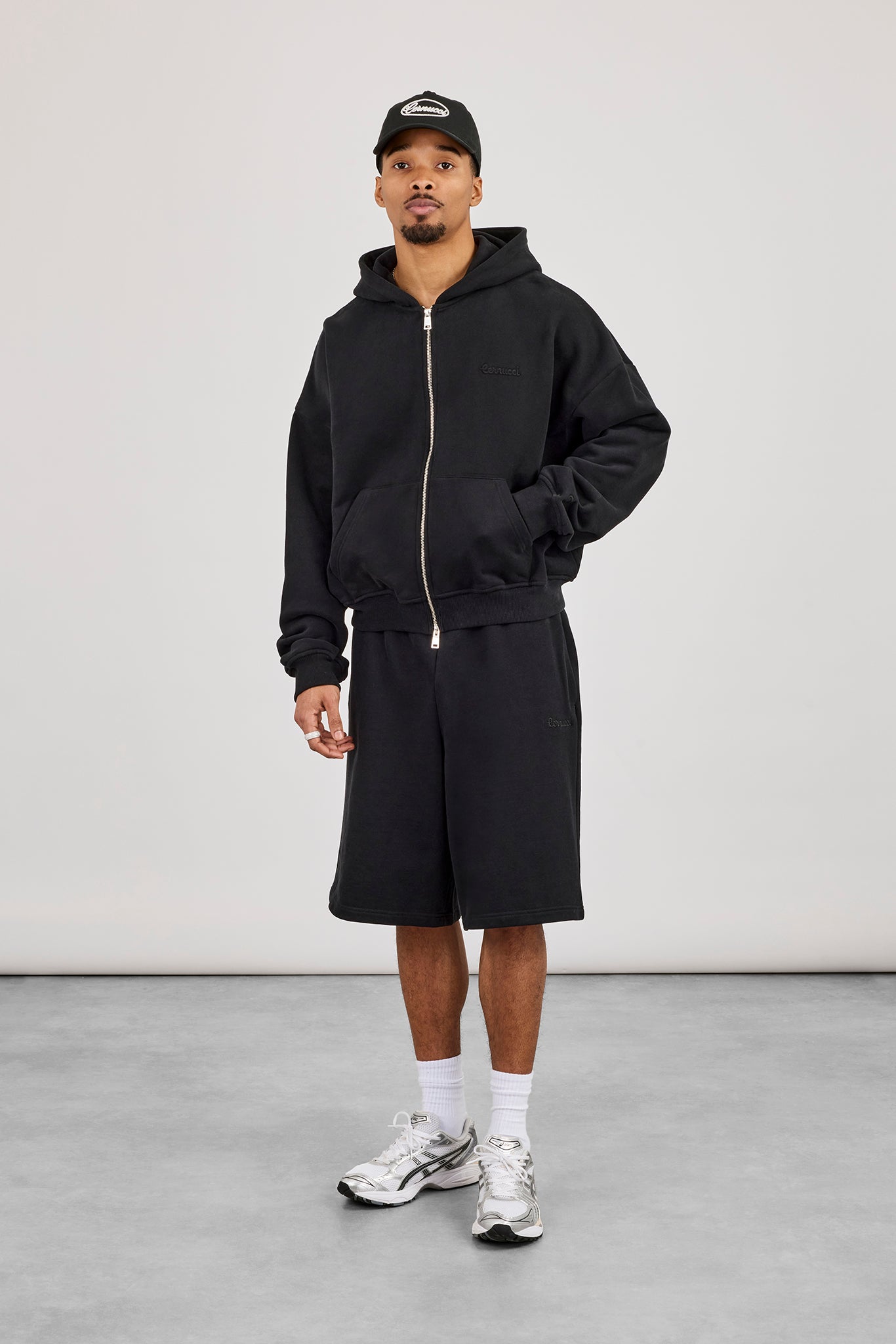 Zip Through Boxy Hoodie & Embroidered Jersey Jort - Black