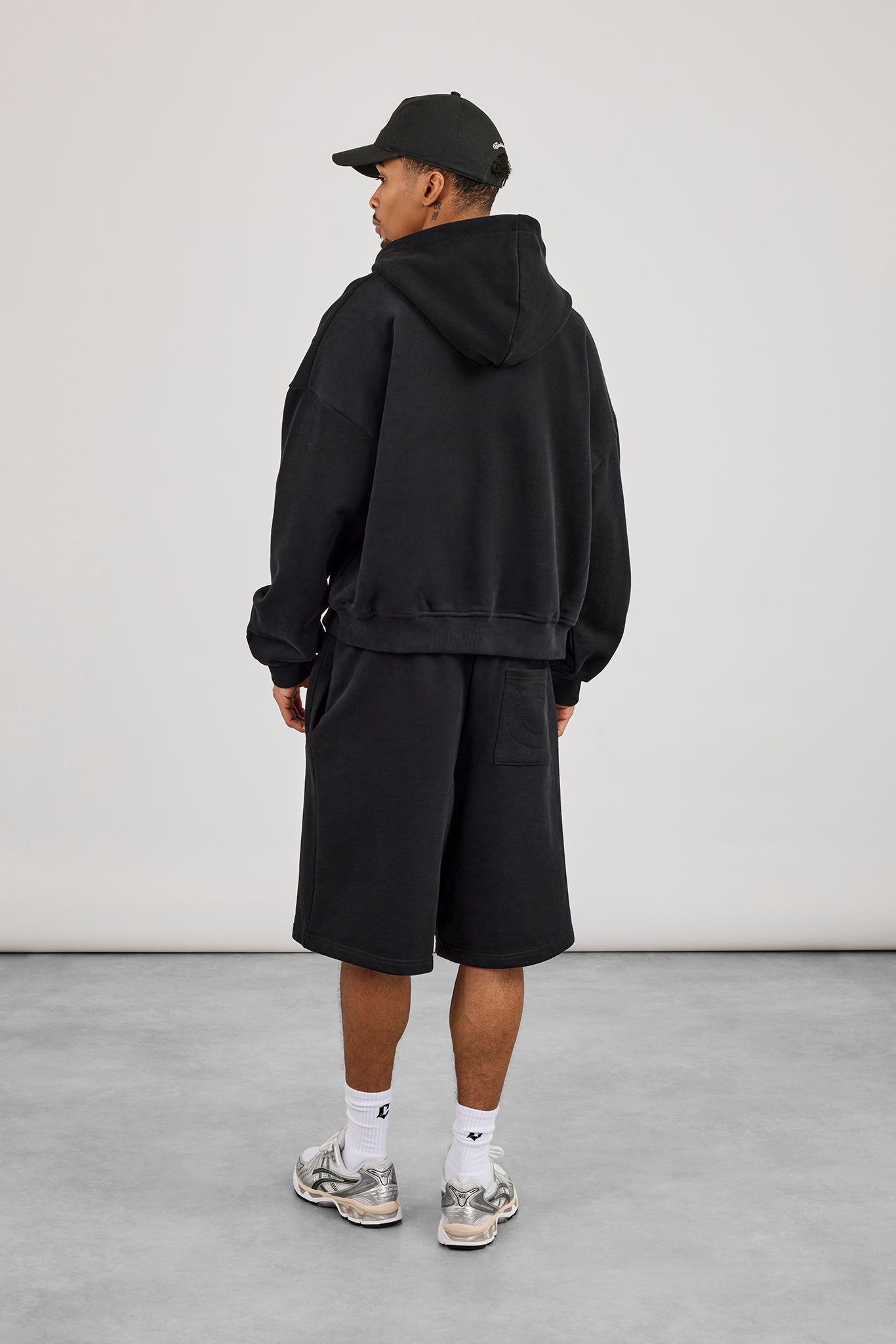 Zip Through Boxy Hoodie & Embroidered Jersey Jort - Black