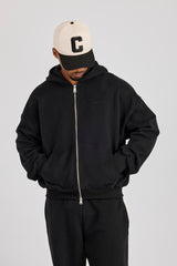 Zip Through Boxy Hoodie - Black