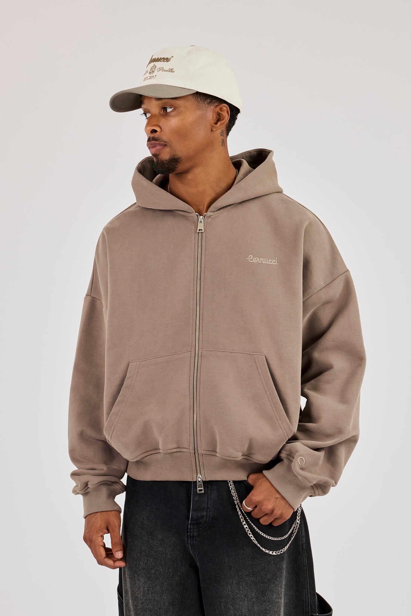 Zip Through Boxy Hoodie - Falcon Stone
