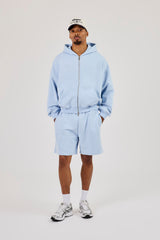 Zip Through Boxy Hoodie & Relaxed Jersey Short - Light Blue