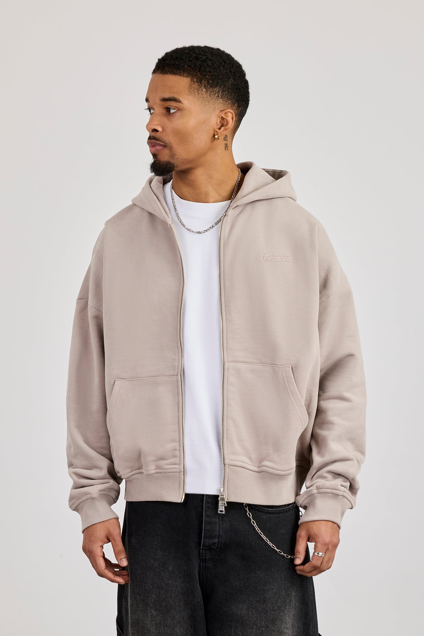 Zip Through Boxy Hoodie - Stone