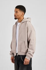 Zip Through Boxy Hoodie - Stone