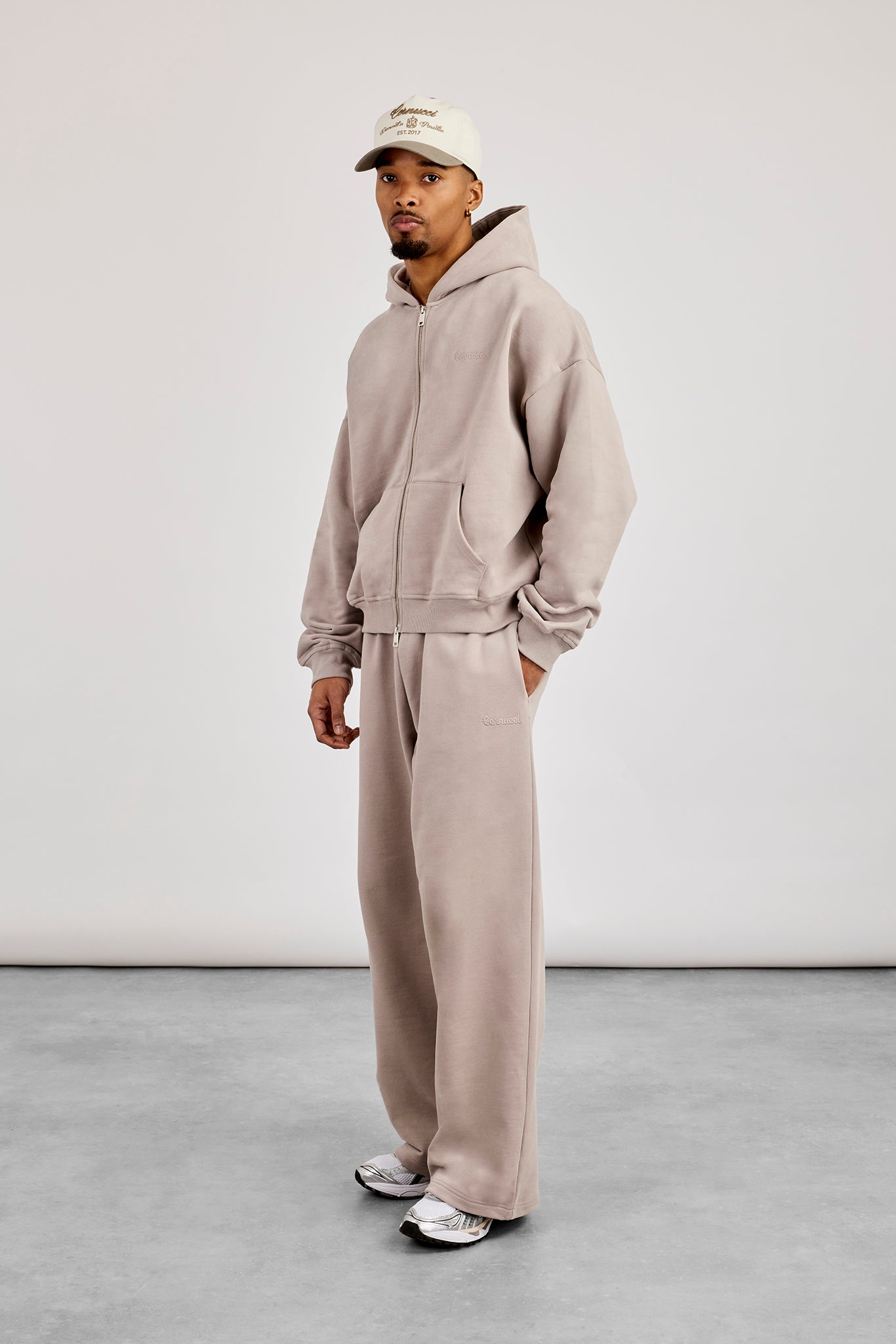 Zip Through Boxy Hoodie & Baggy Fit Jogger - Stone