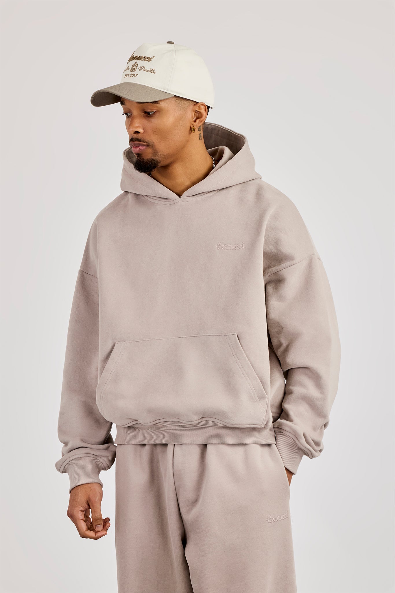 Mens Boxy Hoodie & Baggy Fit Jogger - Stone