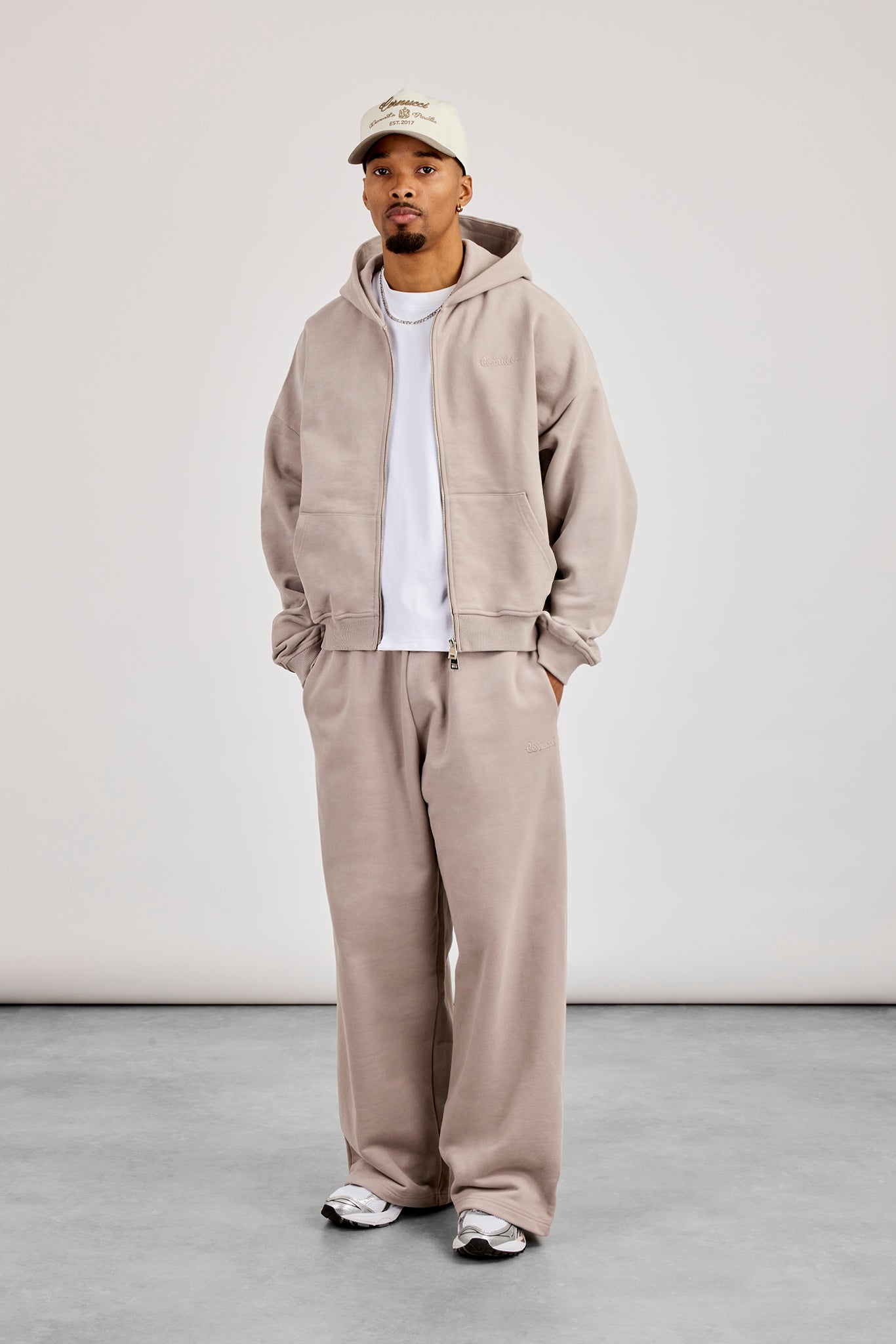 Zip Through Boxy Hoodie & Baggy Fit Jogger - Stone