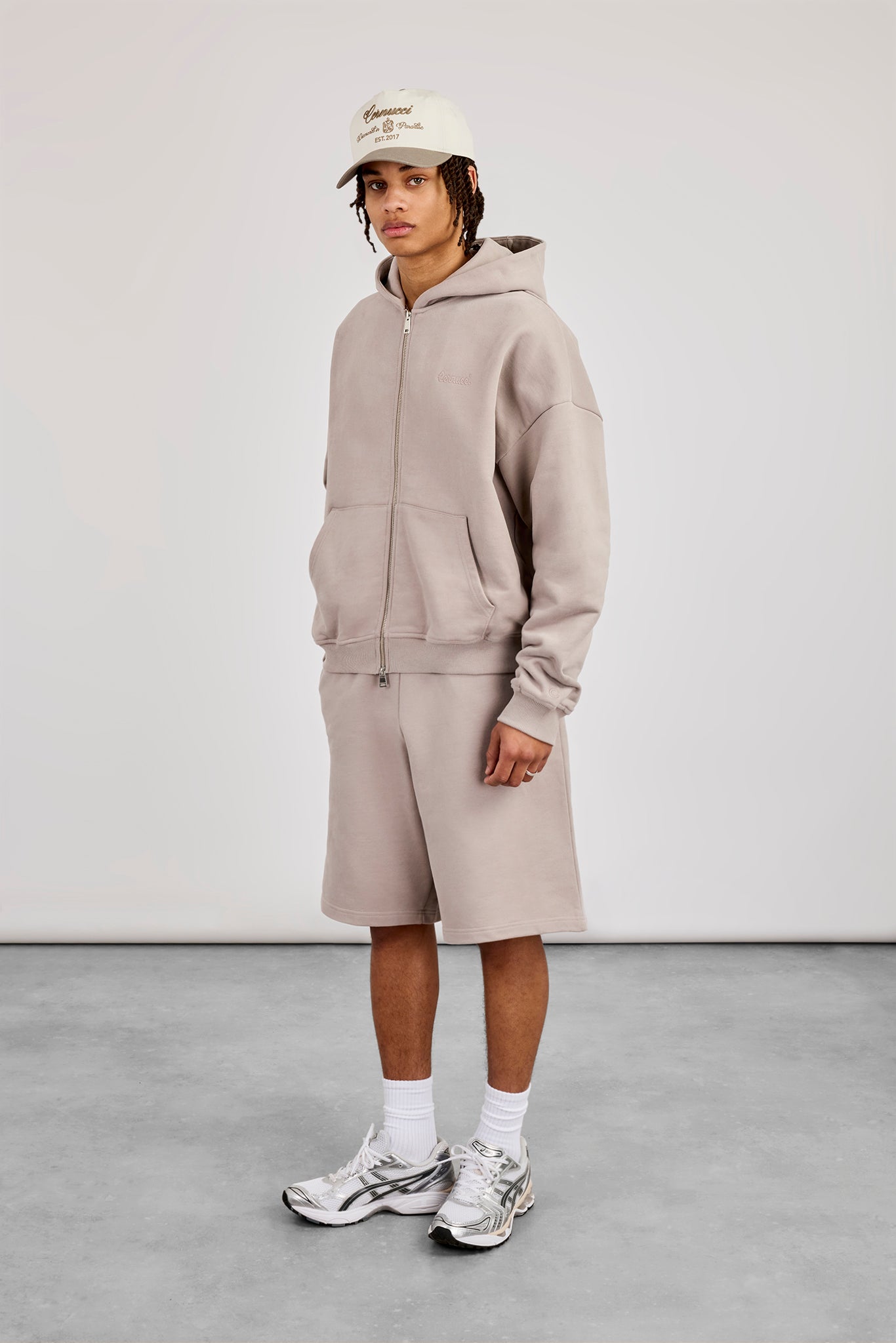 Zip Through Boxy Hoodie & Embroidered Jersey Jort - Stone