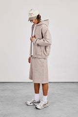 Zip Through Boxy Hoodie & Embroidered Jersey Jort - Stone