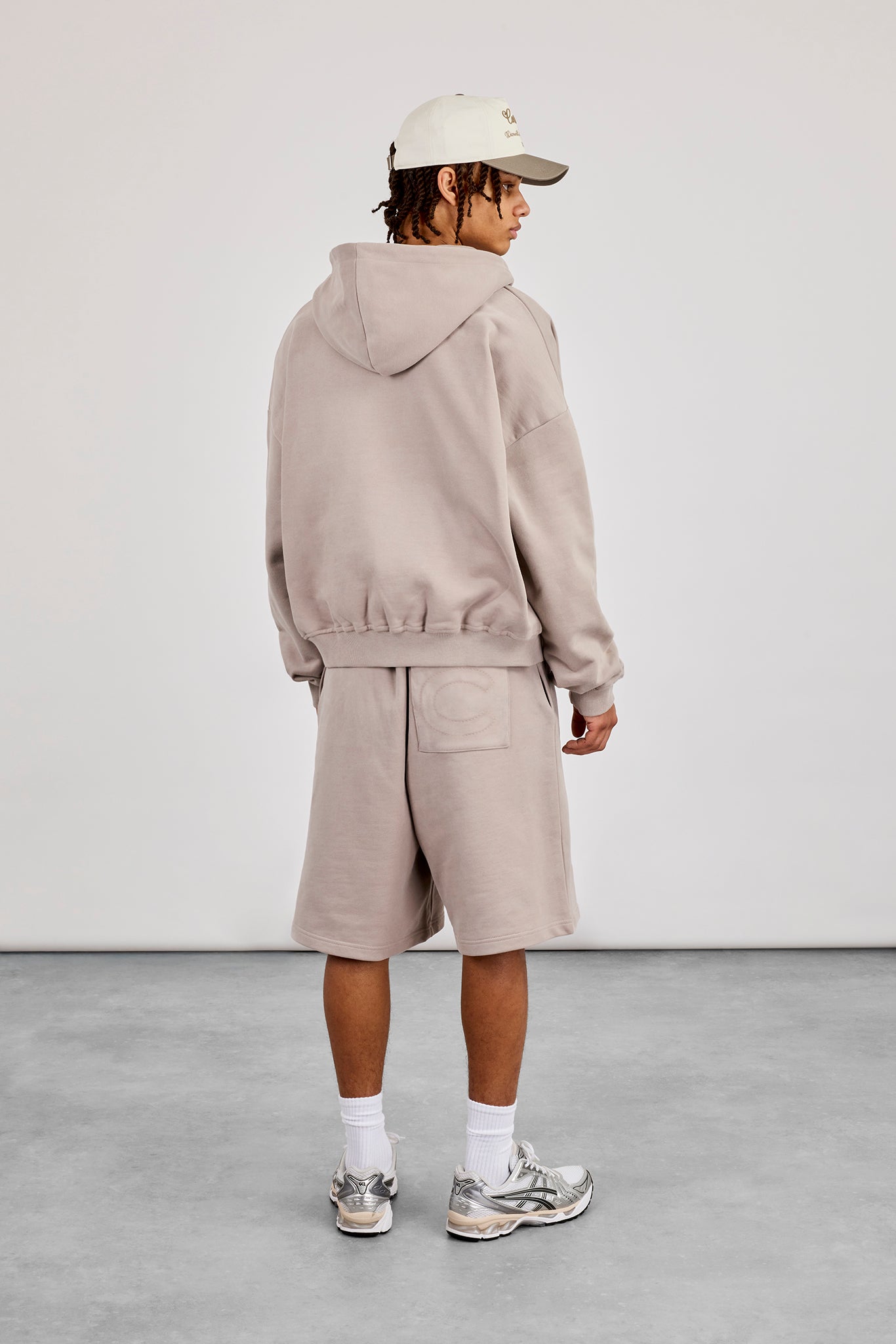 Zip Through Boxy Hoodie & Embroidered Jersey Jort - Stone