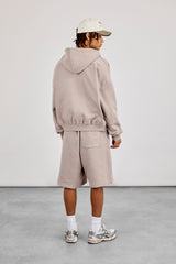 Zip Through Boxy Hoodie & Embroidered Jersey Jort - Stone