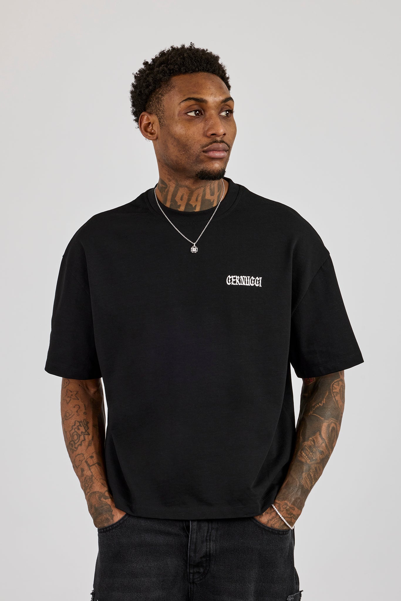Boxy Cernucci High Build Embroidered T-Shirt - Black | Mens Tees