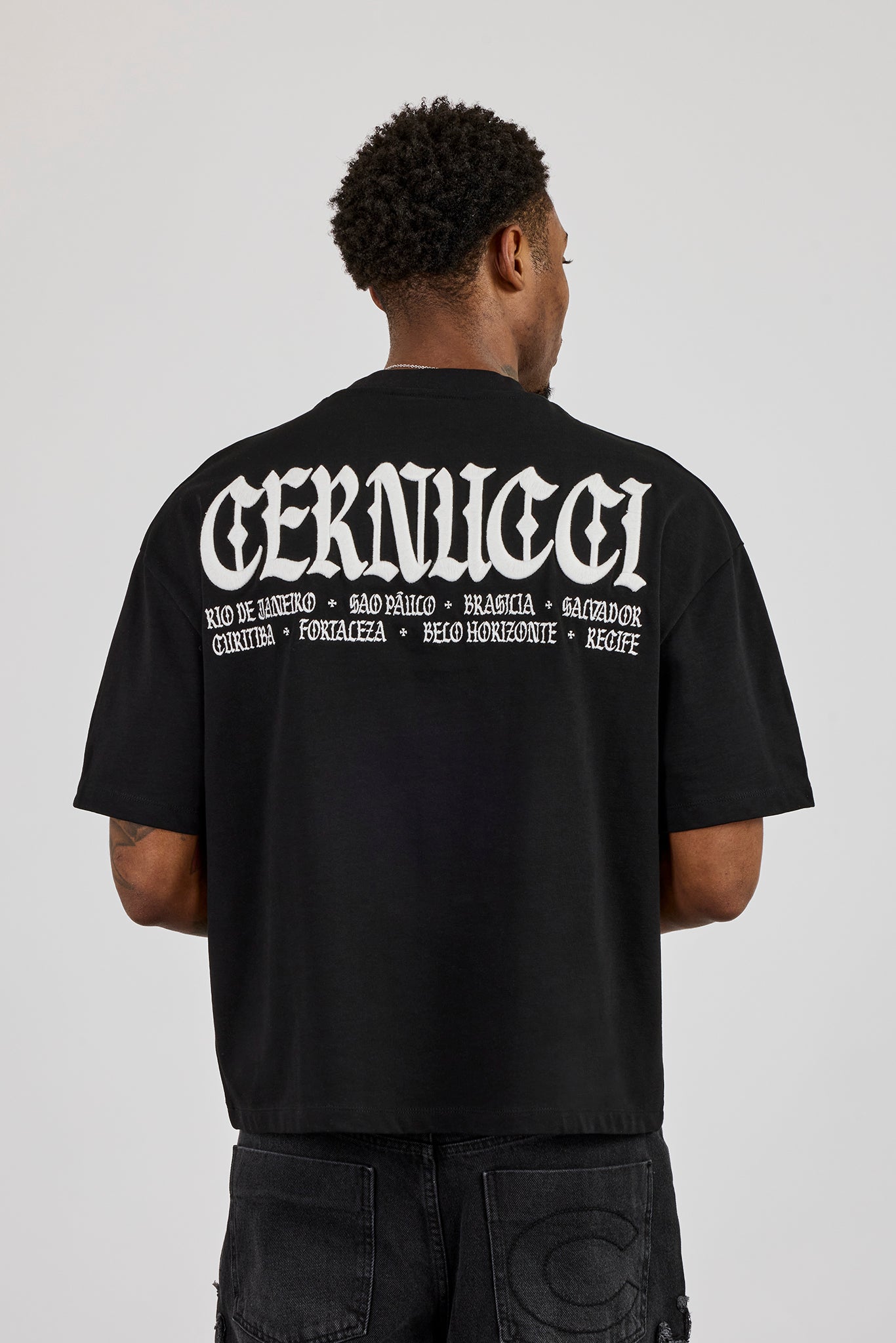 Boxy Cernucci High Build Embroidered T-Shirt - Black | Mens Tees