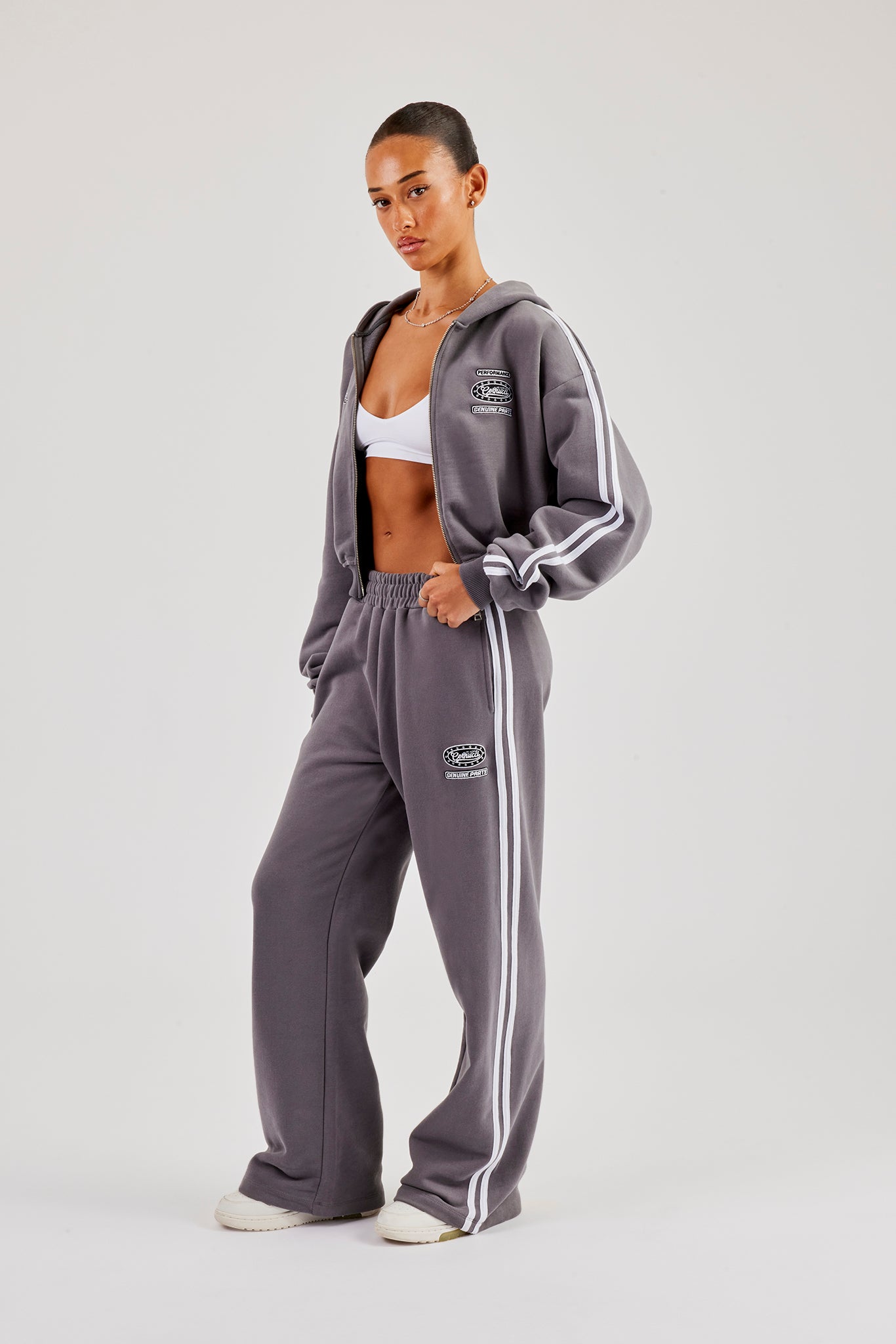 Moto Boxy Zip Through Hoodie &amp; Wide Leg Jogger - Verwaschenes Anthrazit