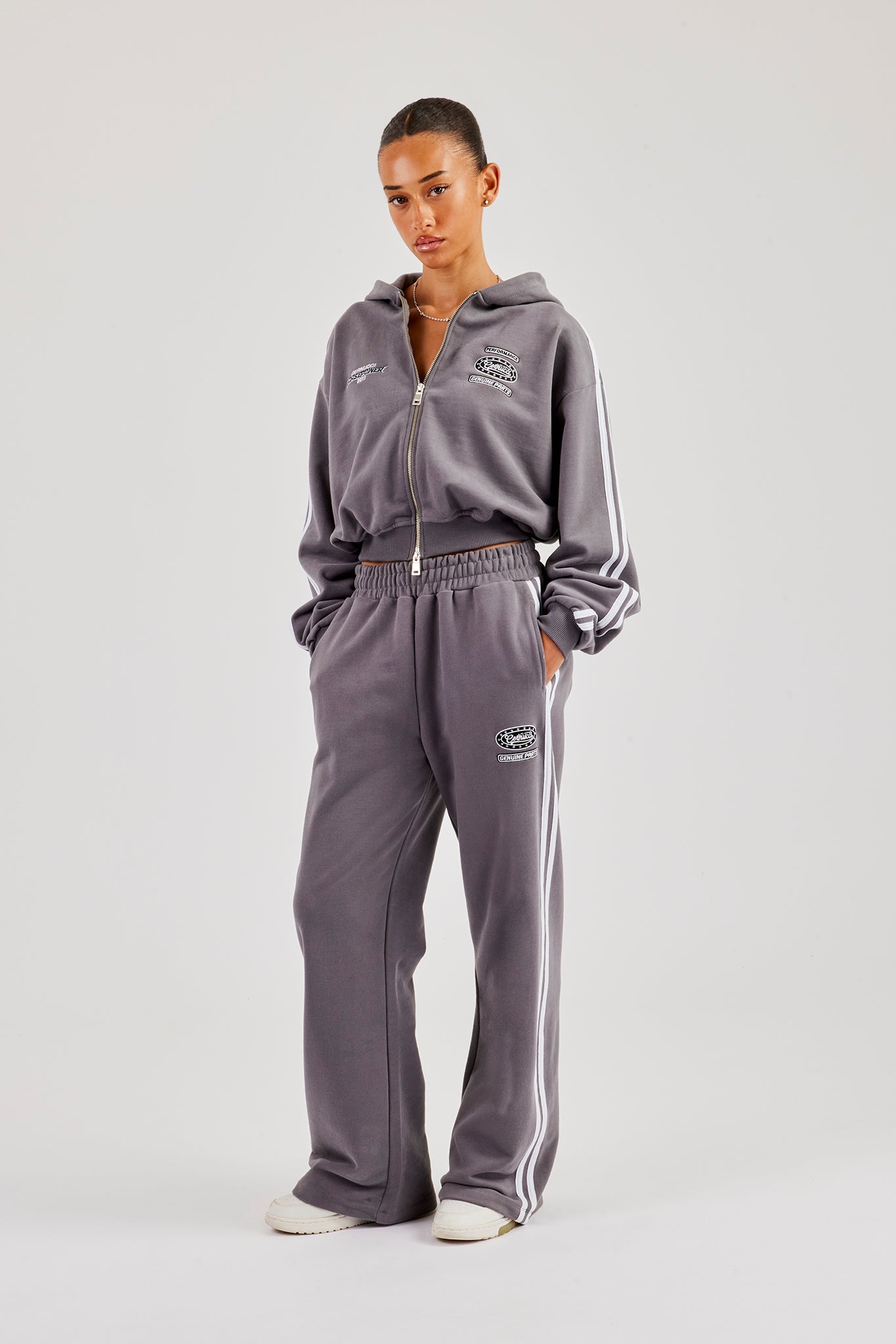 Moto Boxy Zip Through Hoodie &amp; Wide Leg Jogger - Verwaschenes Anthrazit