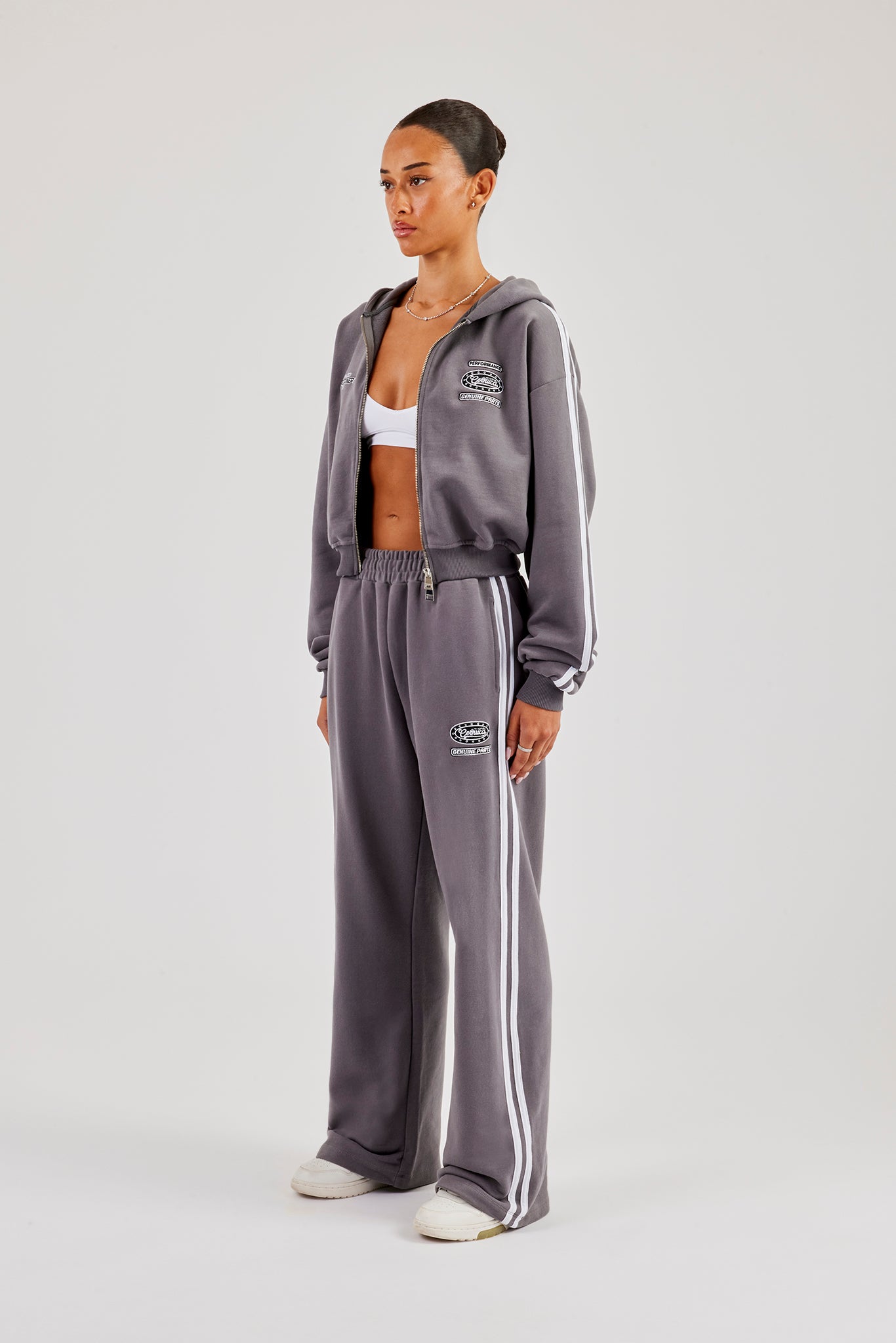 Moto Boxy Zip Through Hoodie &amp; Wide Leg Jogger - Verwaschenes Anthrazit