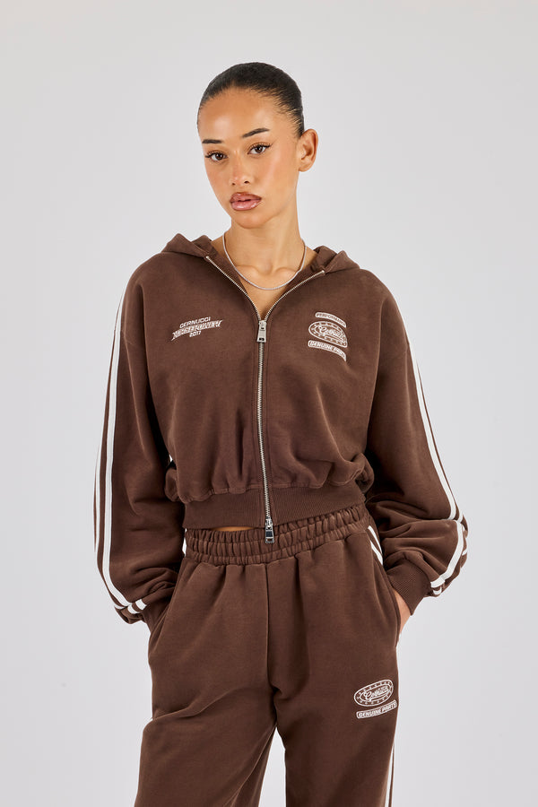 Moto Boxy Zip Through Hoodie - Washed Chocolate