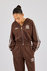 Moto Boxy Zip Through Hoodie - Washed Chocolate