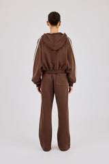Moto Boxy Zip Through Hoodie & Wide Leg Jogger - Washed Chocolate