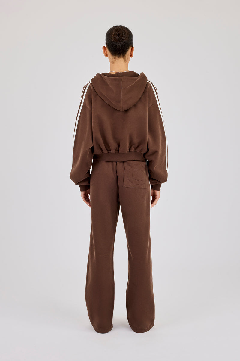 Moto Boxy Zip Through Hoodie & Wide Leg Jogger - Washed Chocolate