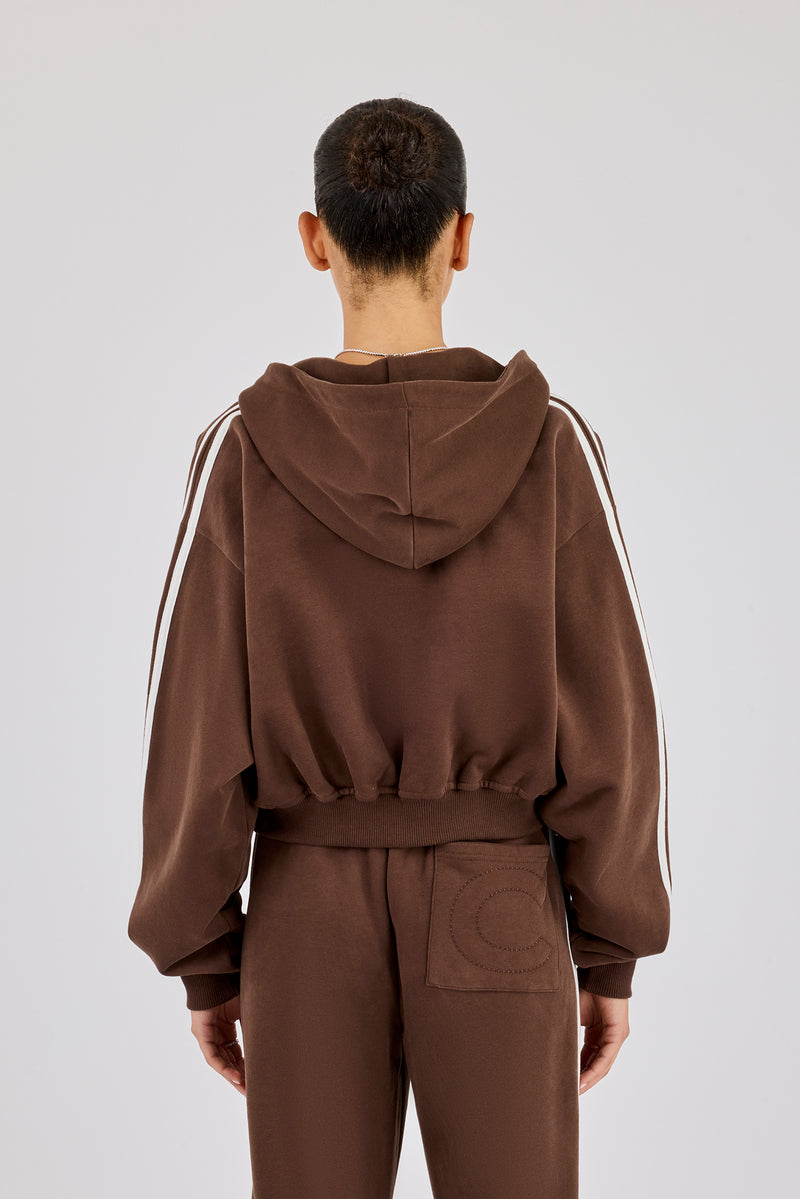 Moto Boxy Zip Through Hoodie - Washed Chocolate