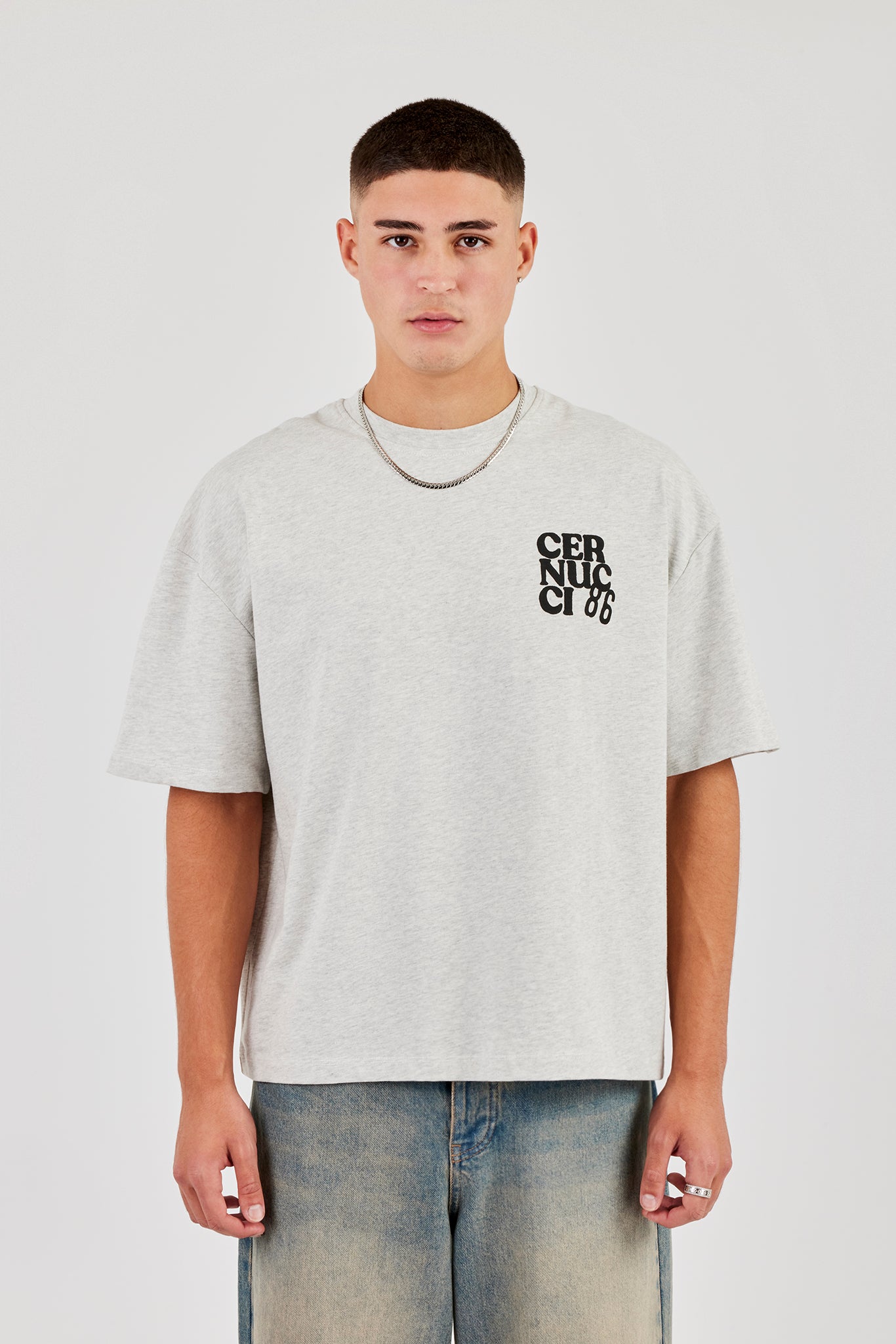 Cernucci 86 Print Boxy T-Shirt - Ash Grey | Mens Tees & Vests