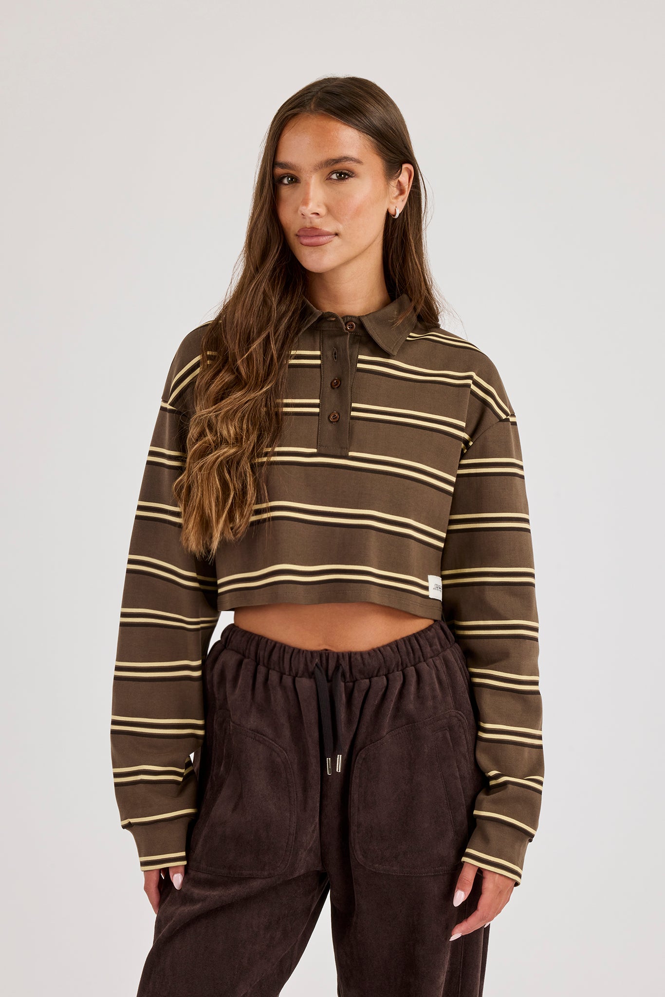Striped Cropped Polo Top - Chocolate