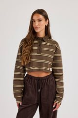Striped Cropped Polo Top - Chocolate