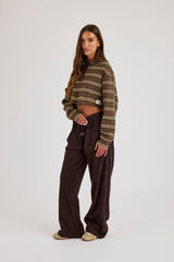 Striped Cropped Polo Top - Chocolate