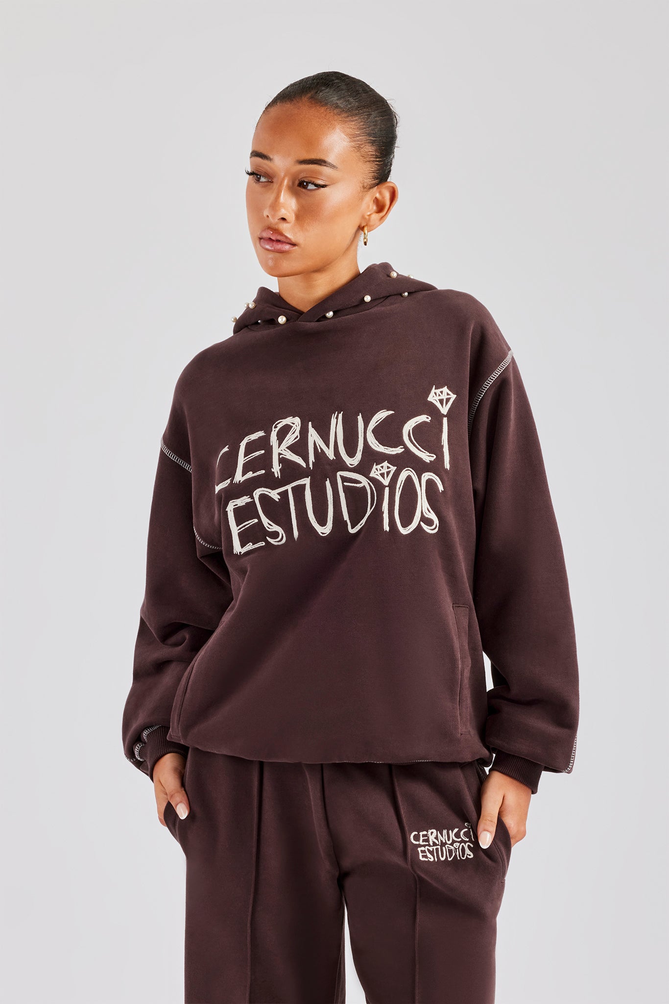 Contrast Stitch Pearl Hoodie - Chocolate | Womens Hoodies & Sweats