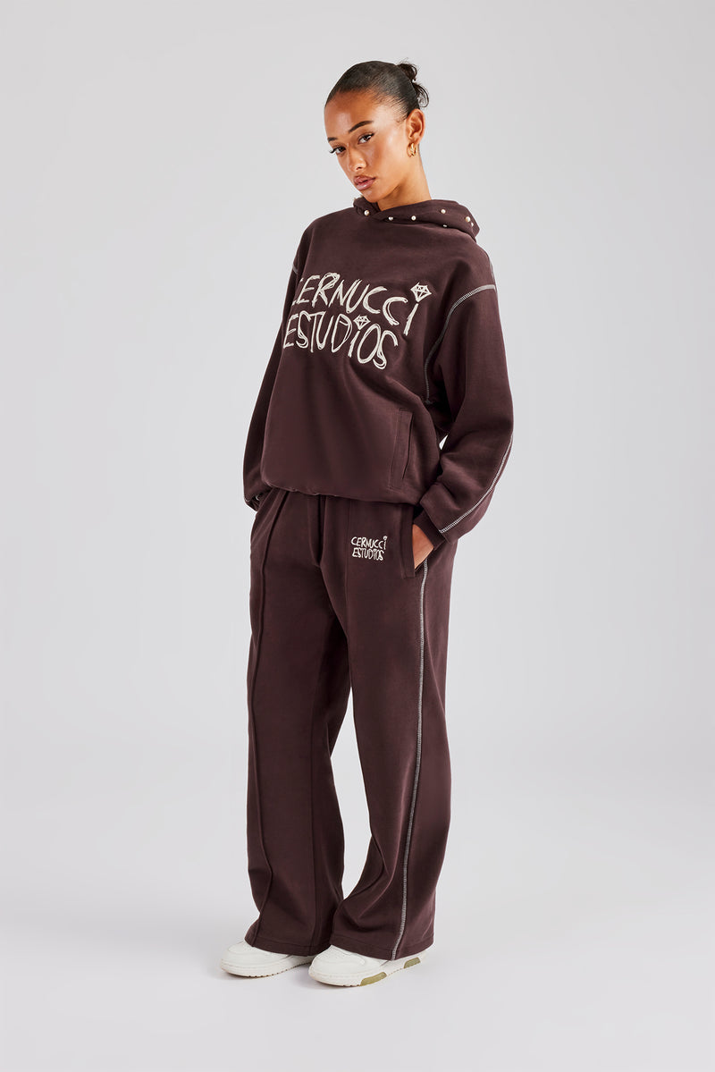 Contrast Stitch Pearl Tracksuit Chocolate Womens Sets Shop