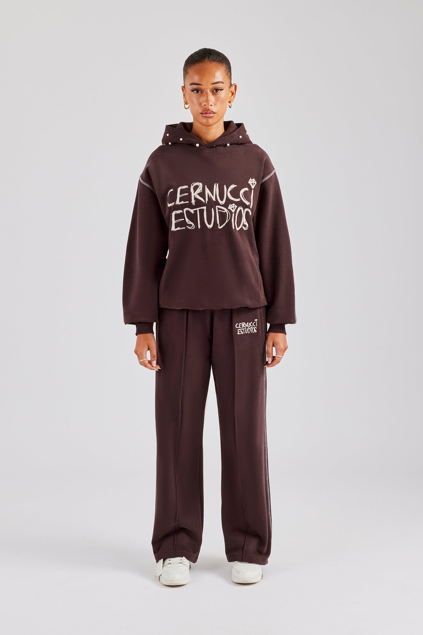 Contrast Stitch Pearl Tracksuit - Chocolate | Womens Sets | Shop