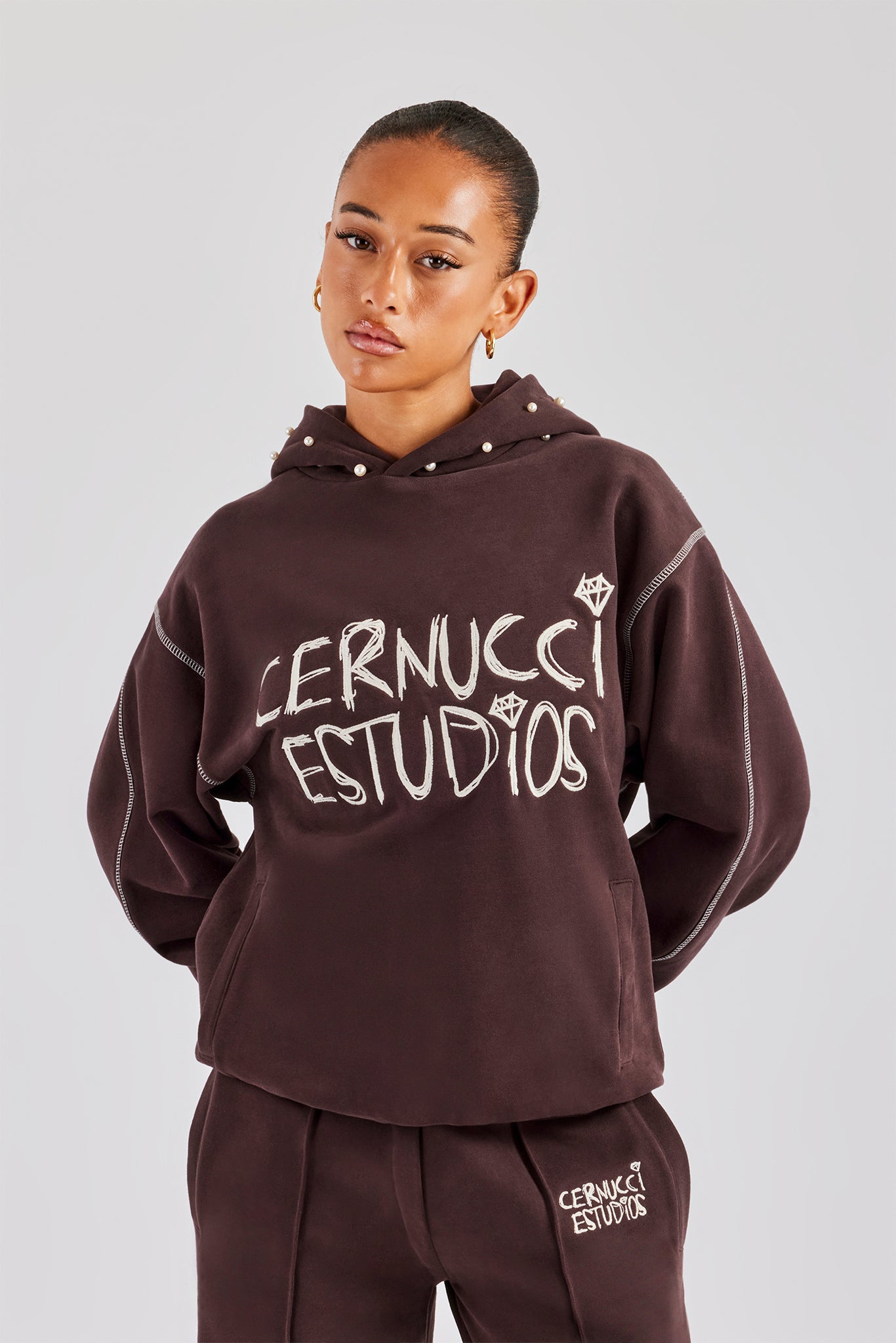Contrast Stitch Pearl Hoodie - Chocolate | Womens Hoodies & Sweats