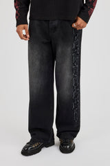 Baggy Fit Applique Logo Jeans - Washed Black