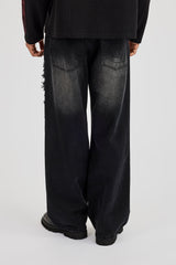 Baggy Fit Applique Logo Jeans - Washed Black