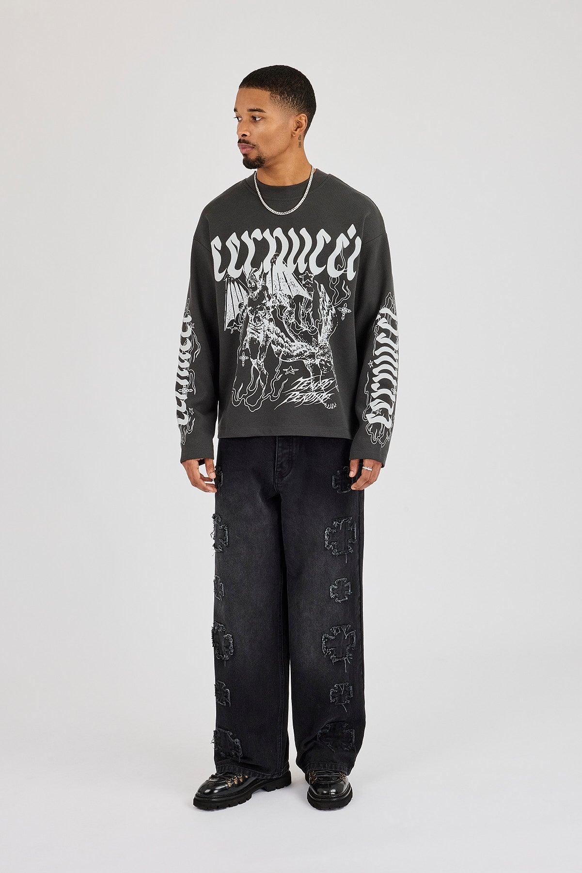 Waffle Cernucci Waved Long Sleeve T-Shirt - Washed Charcoal