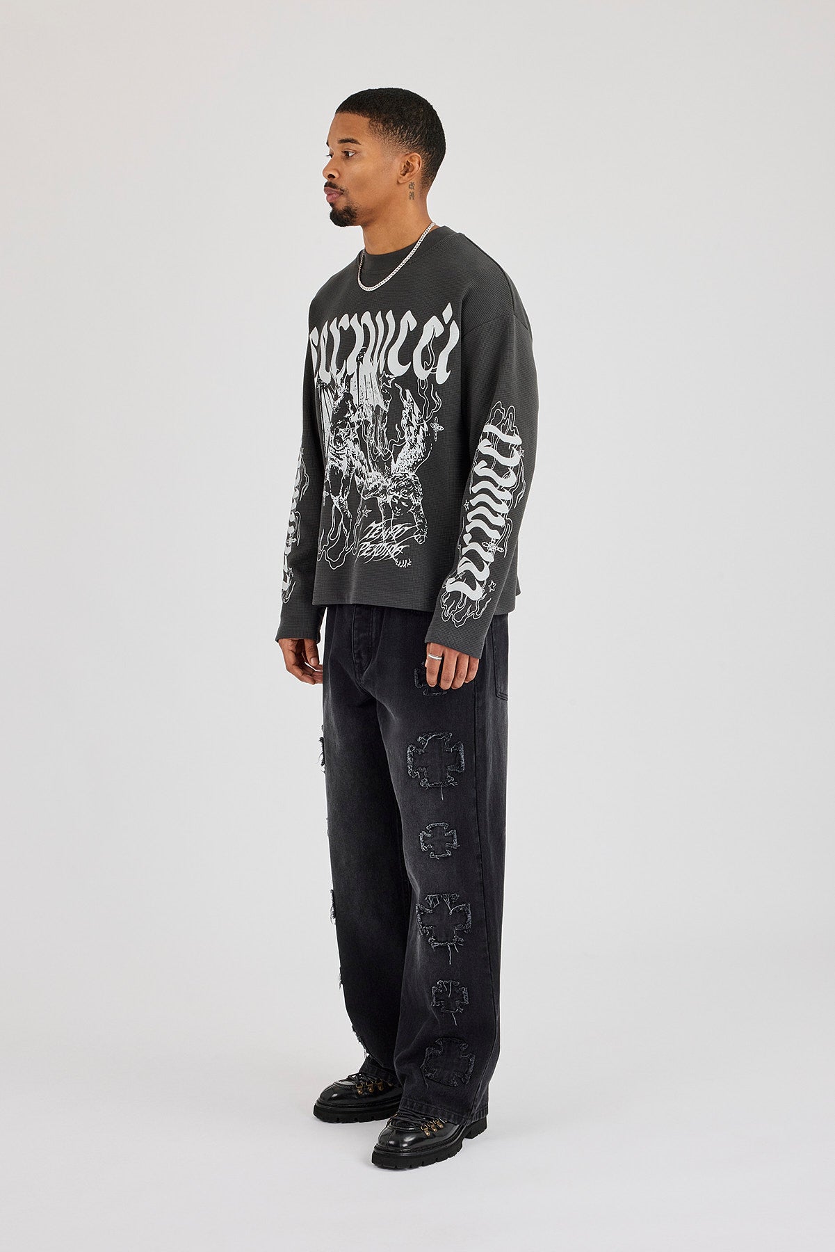 Waffle Cernucci Waved Long Sleeve T-Shirt - Washed Charcoal