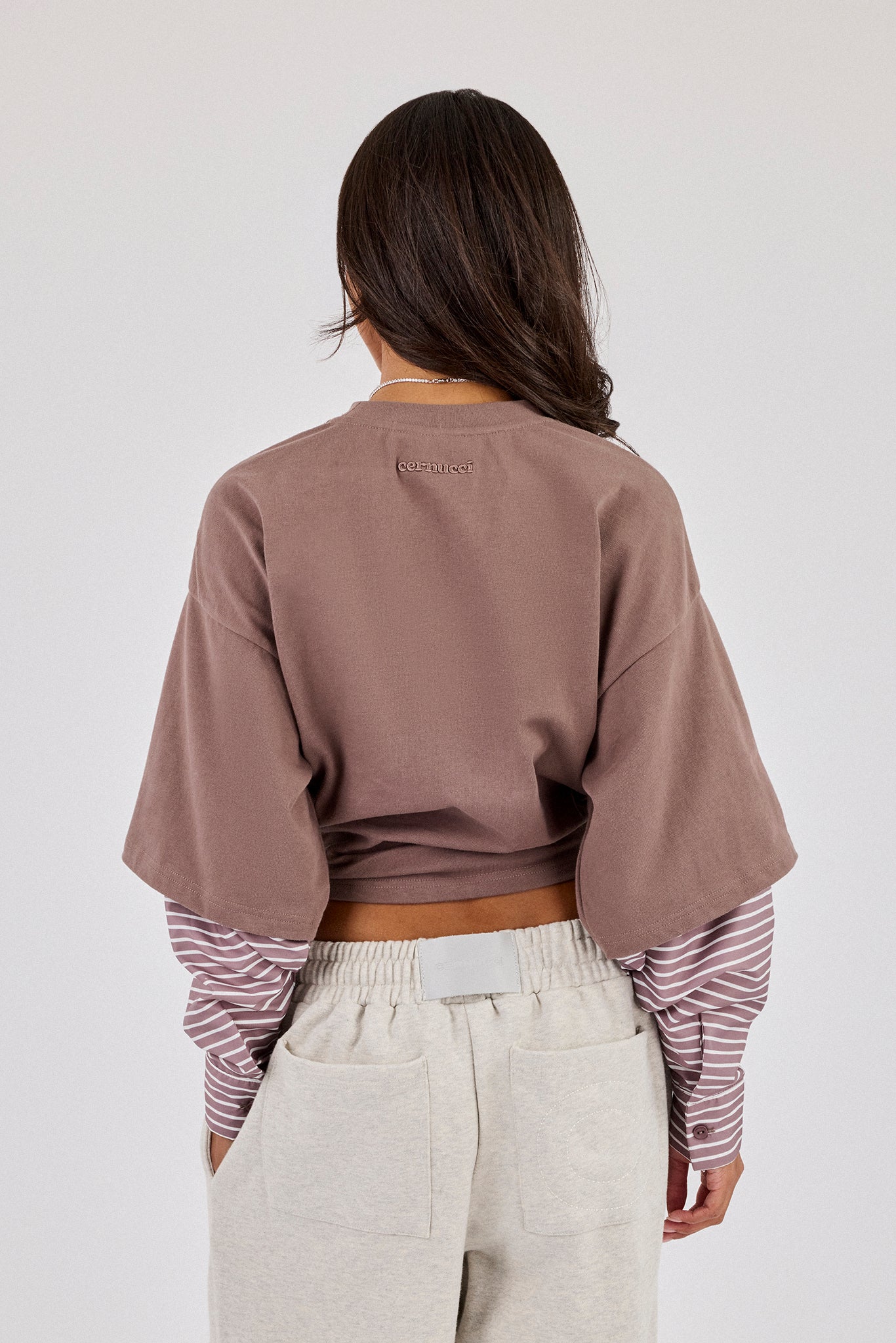 Cropped Oversized T-Shirt With Layered Shirt - Taupe | Womens Tees