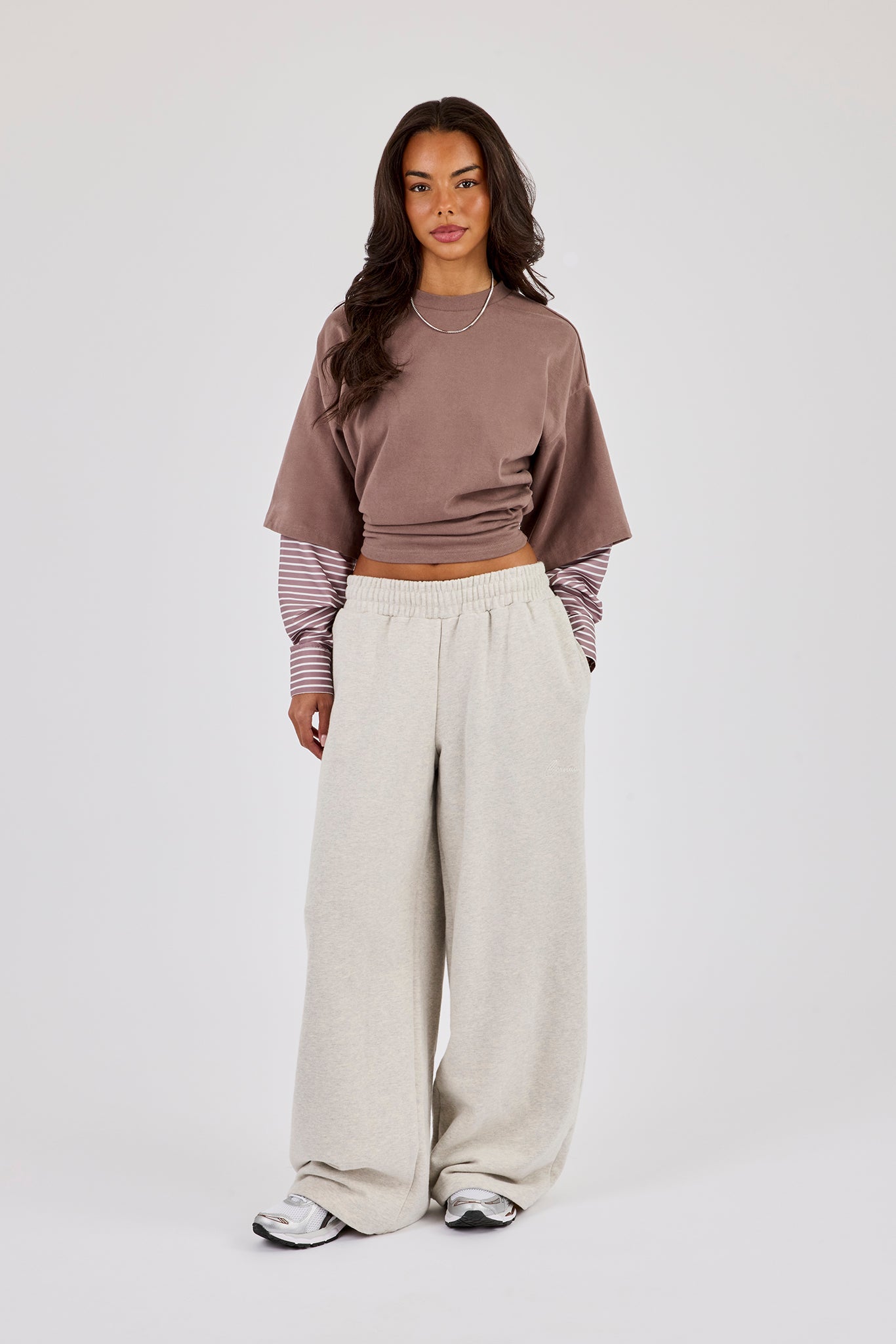Cropped Oversized T-Shirt With Layered Shirt - Taupe