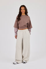 Cropped Oversized T-Shirt With Layered Shirt - Taupe