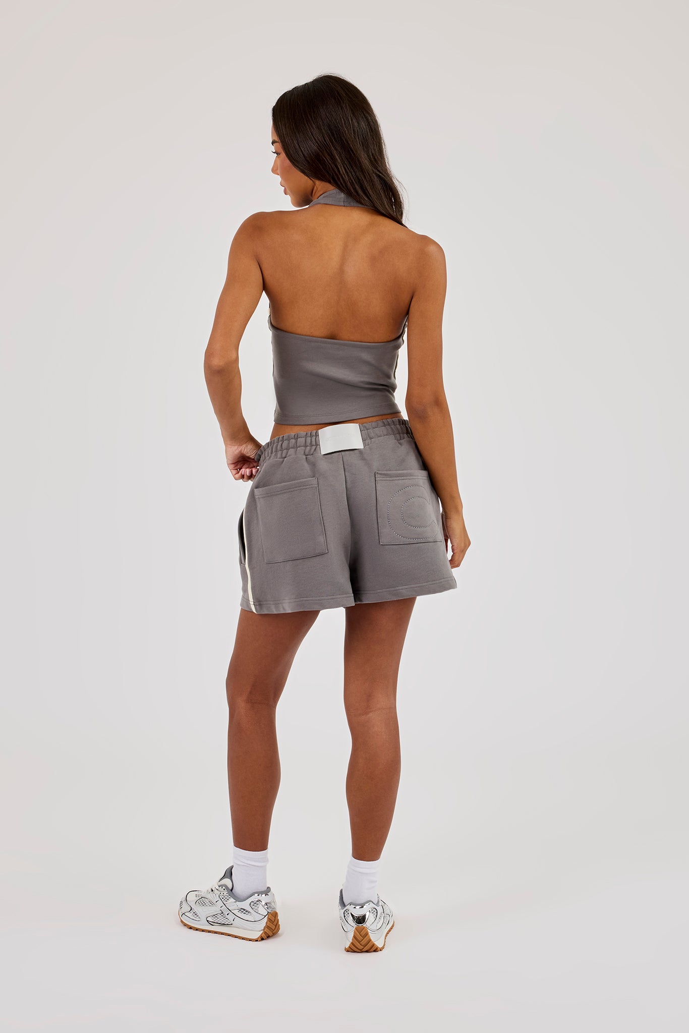 Washed Cracked Logo Halterneck Top & Short - Charcoal