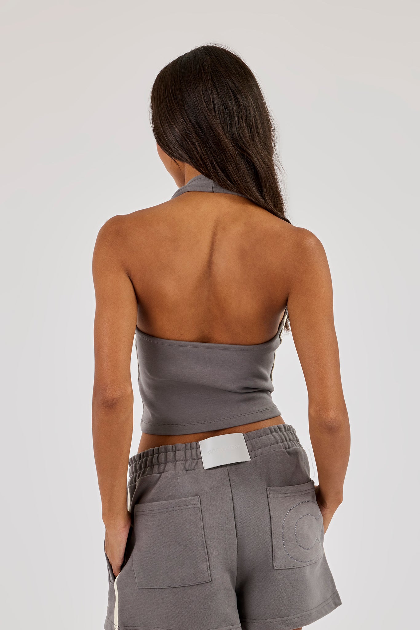 Washed Cracked Logo Halterneck Top - Charcoal