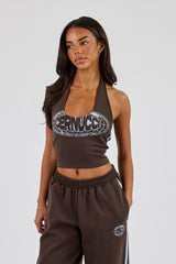 Ausgefranster Halterneck-Crop-Top mit Logo und weite Jogginghose mit Print – Dunkelbraun